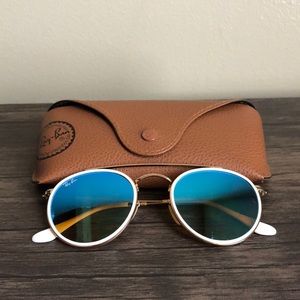 Blue lenses, white/gold framed, Ray-Bans